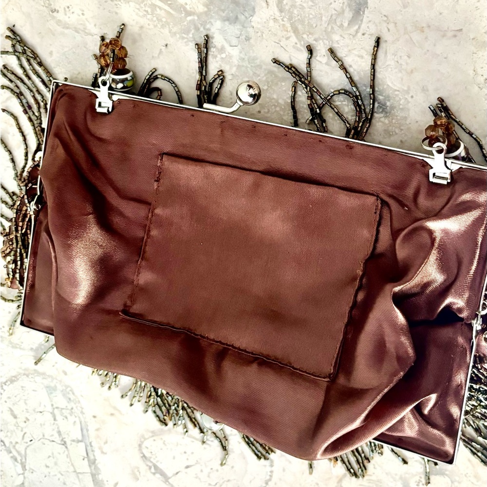 Formal vintage evening bag brown satin, sparkling sequins, beads- specia… - Picture 6 of 9